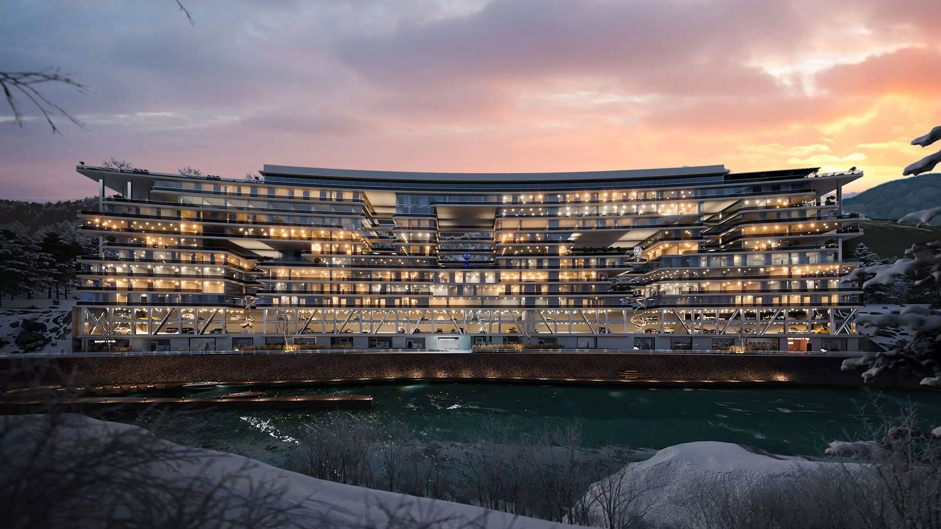 3D rendering of a modern hotel exterior at sunset