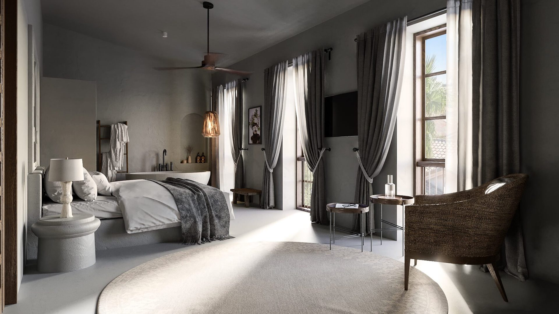 3D rendering of a hotel room with an open balcony door