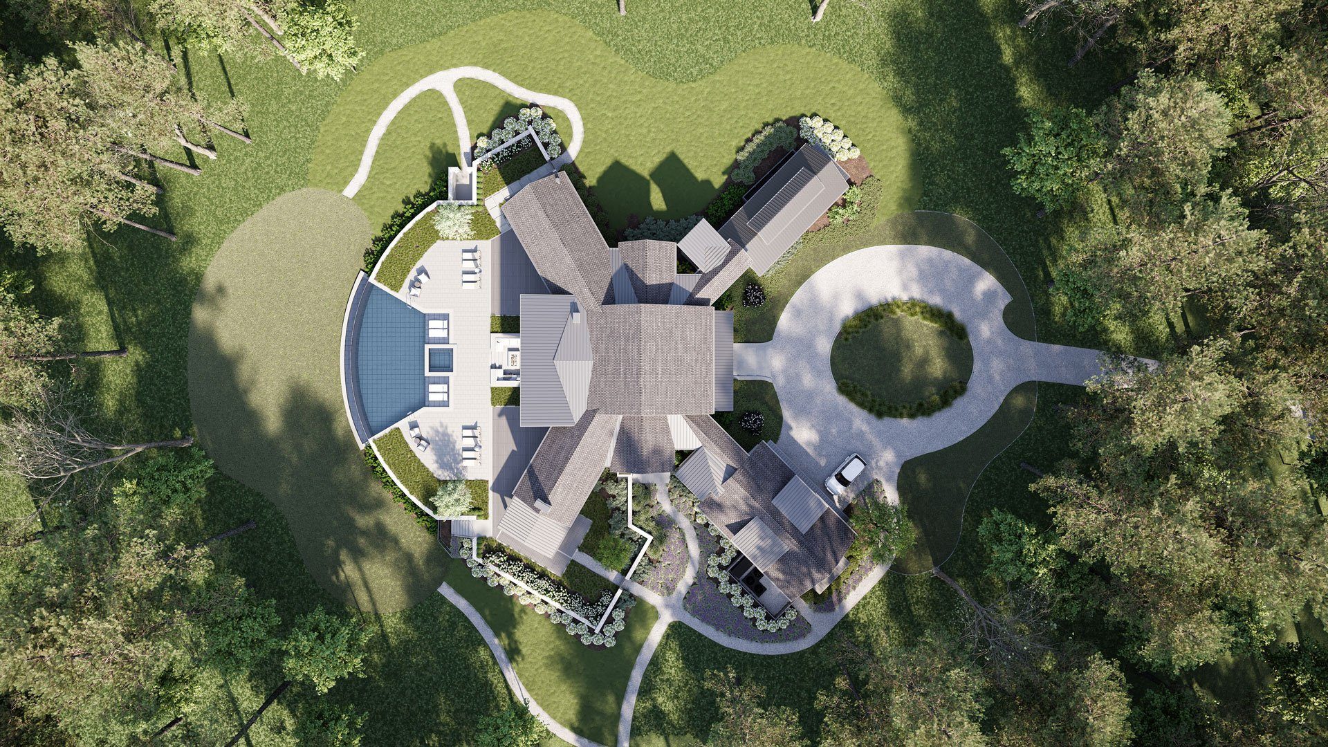 Bird’s-eye architectural rendering of a modern house with pool and landscaped driveway