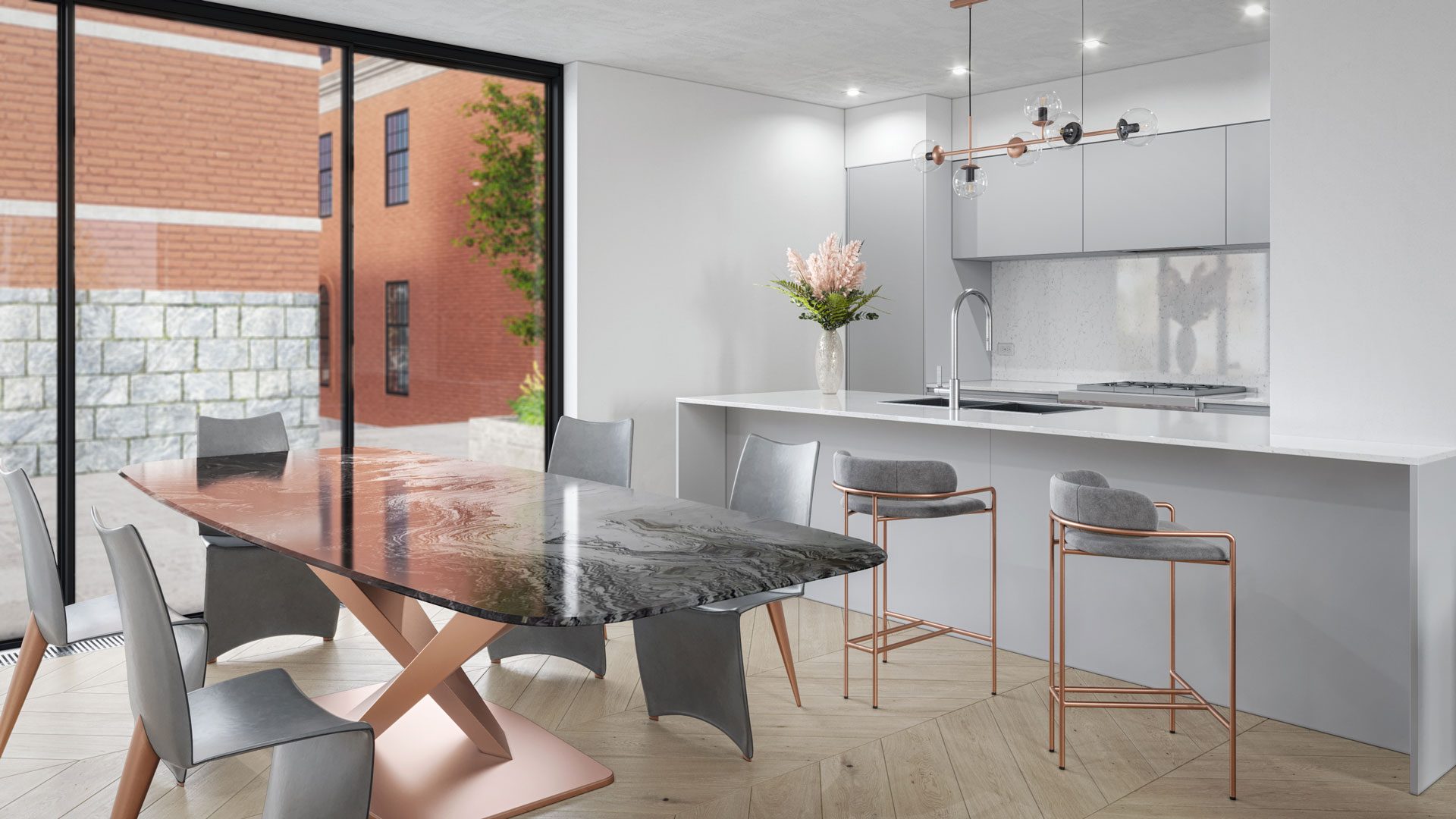 3D kitchen and dining room rendering with a glass table and white cabinetry