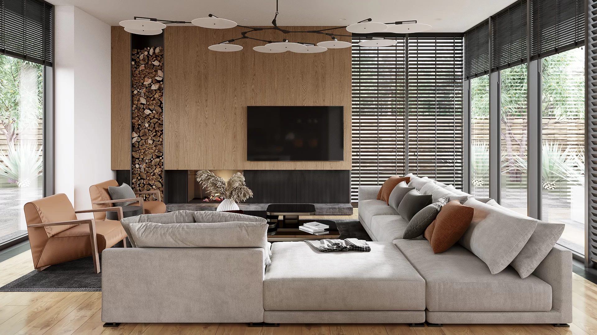 Modern living room concept rendering with fireplace, sectional sofa, and large windows