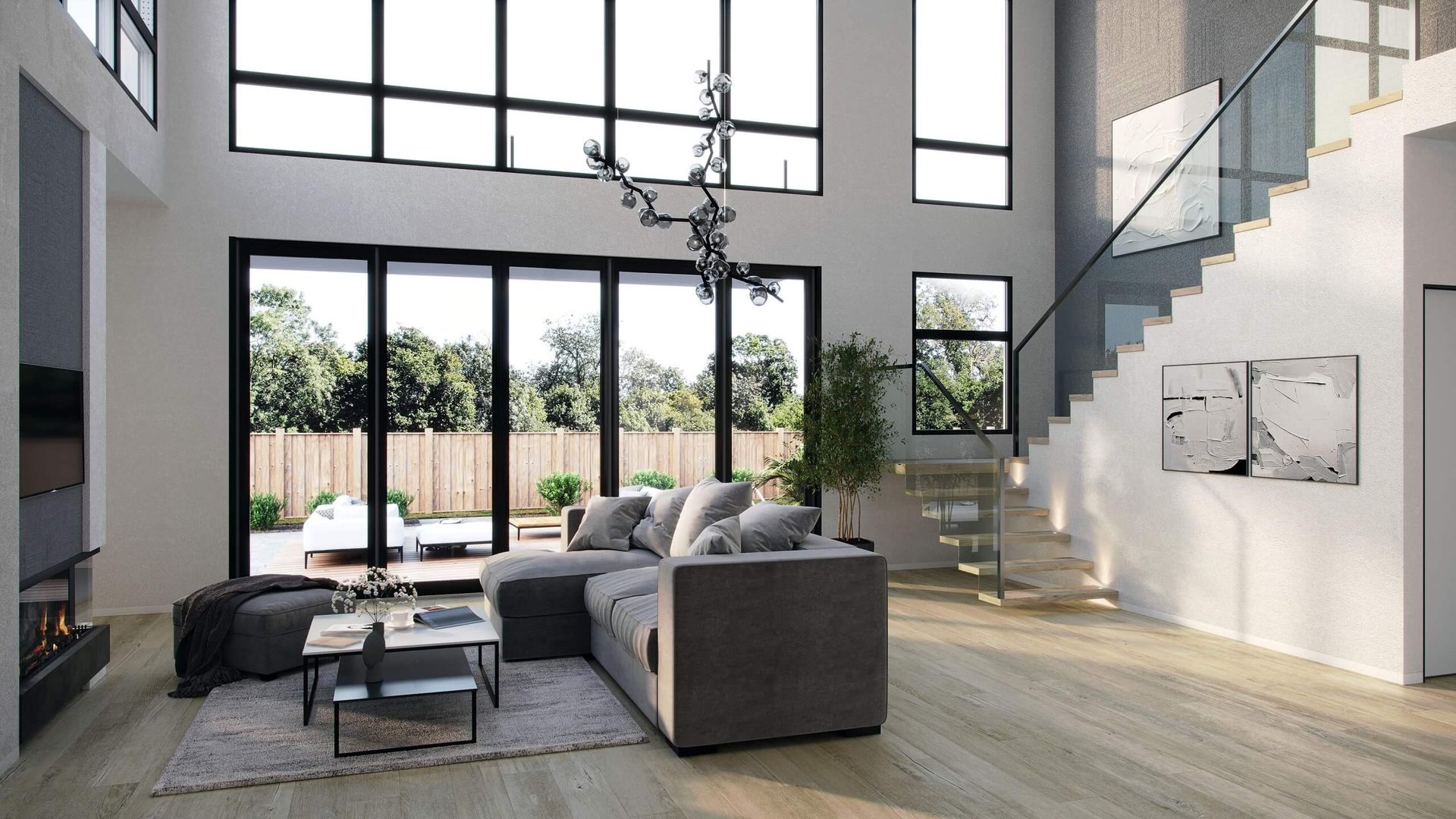 Interior rendering of a bright living room with tall windows and staircase