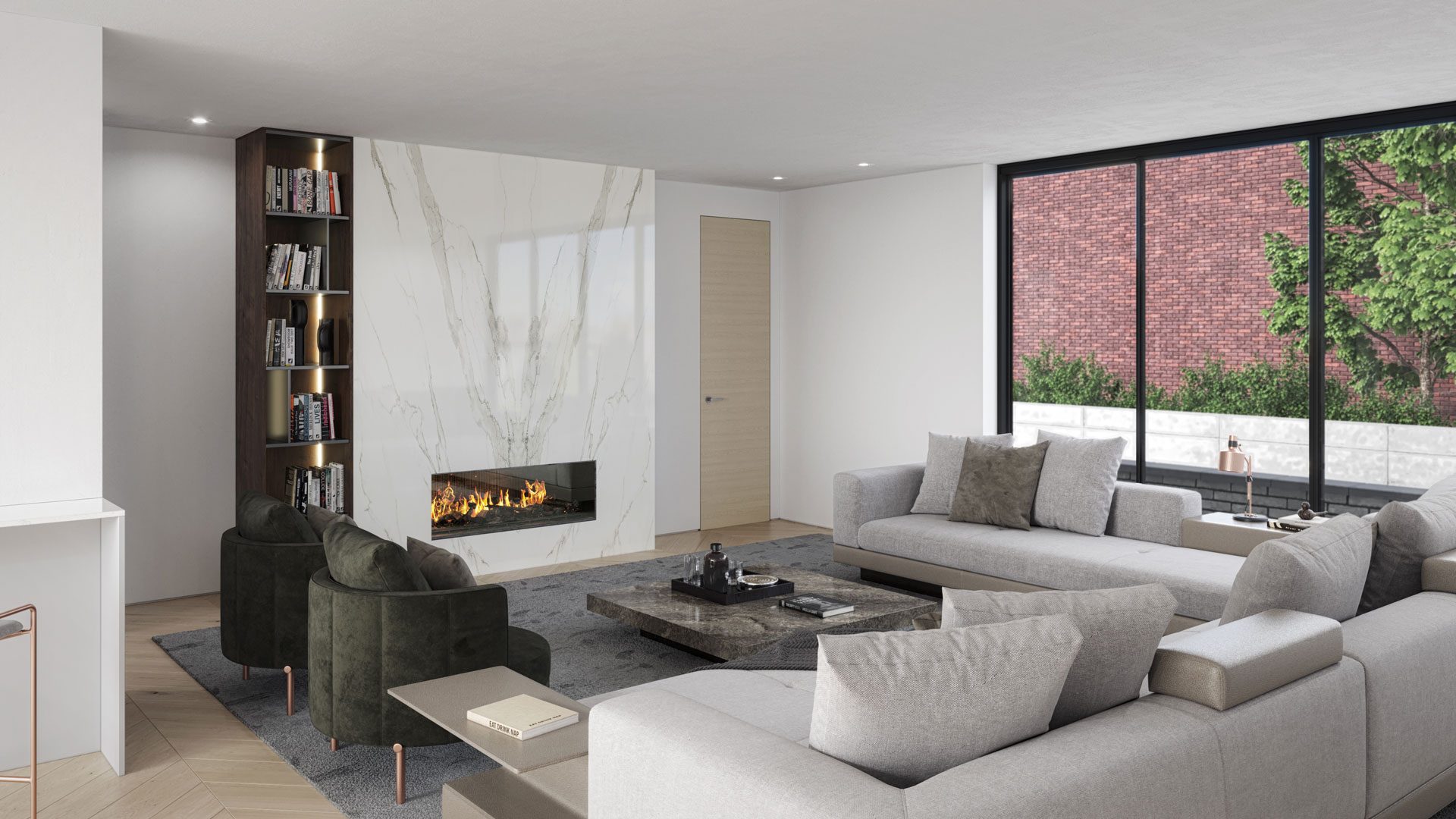 3D rendering of a townhouse living room with fireplace and large picture window