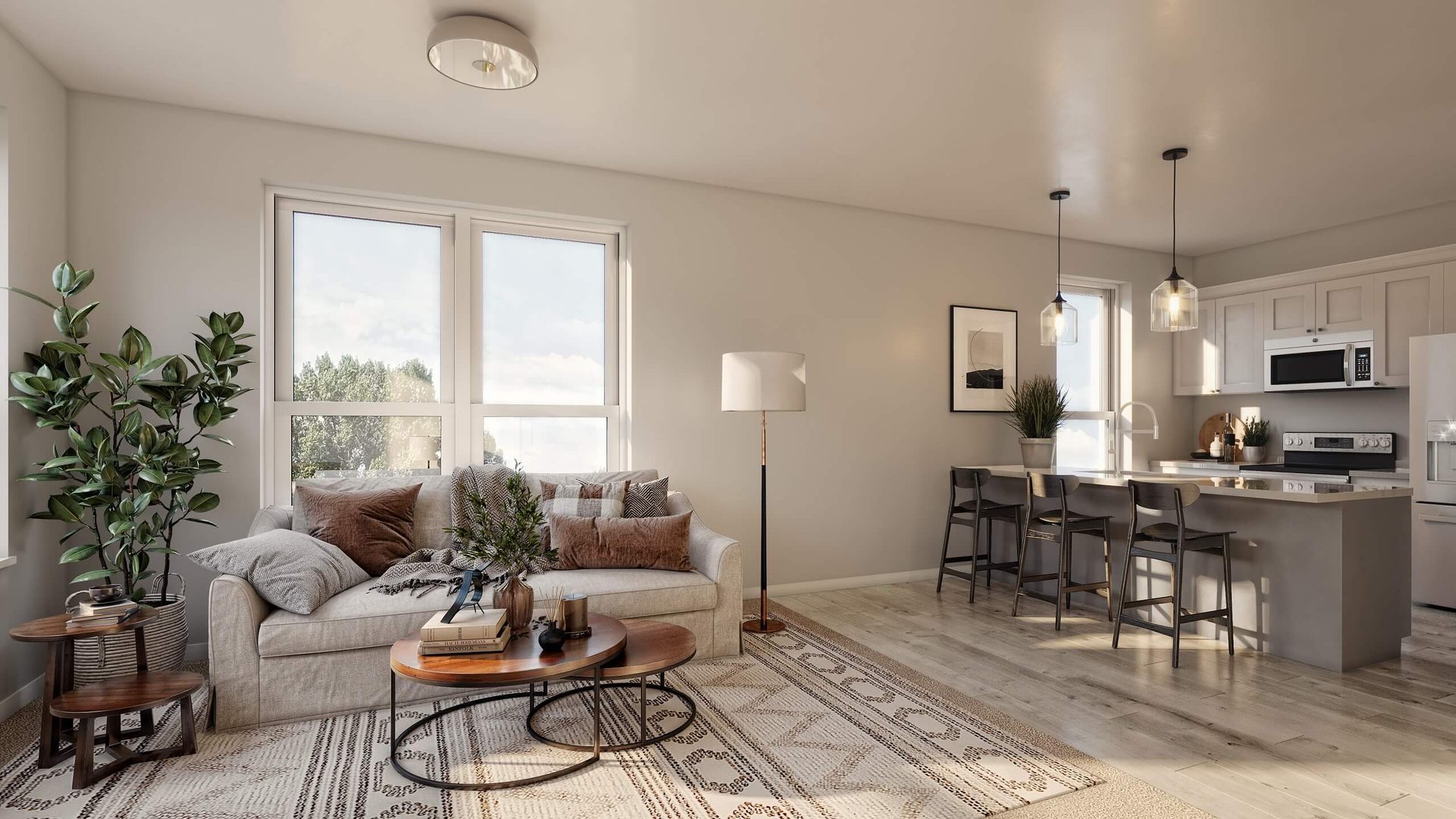 Architectural rendering of an open living room and kitchen with neutral furniture