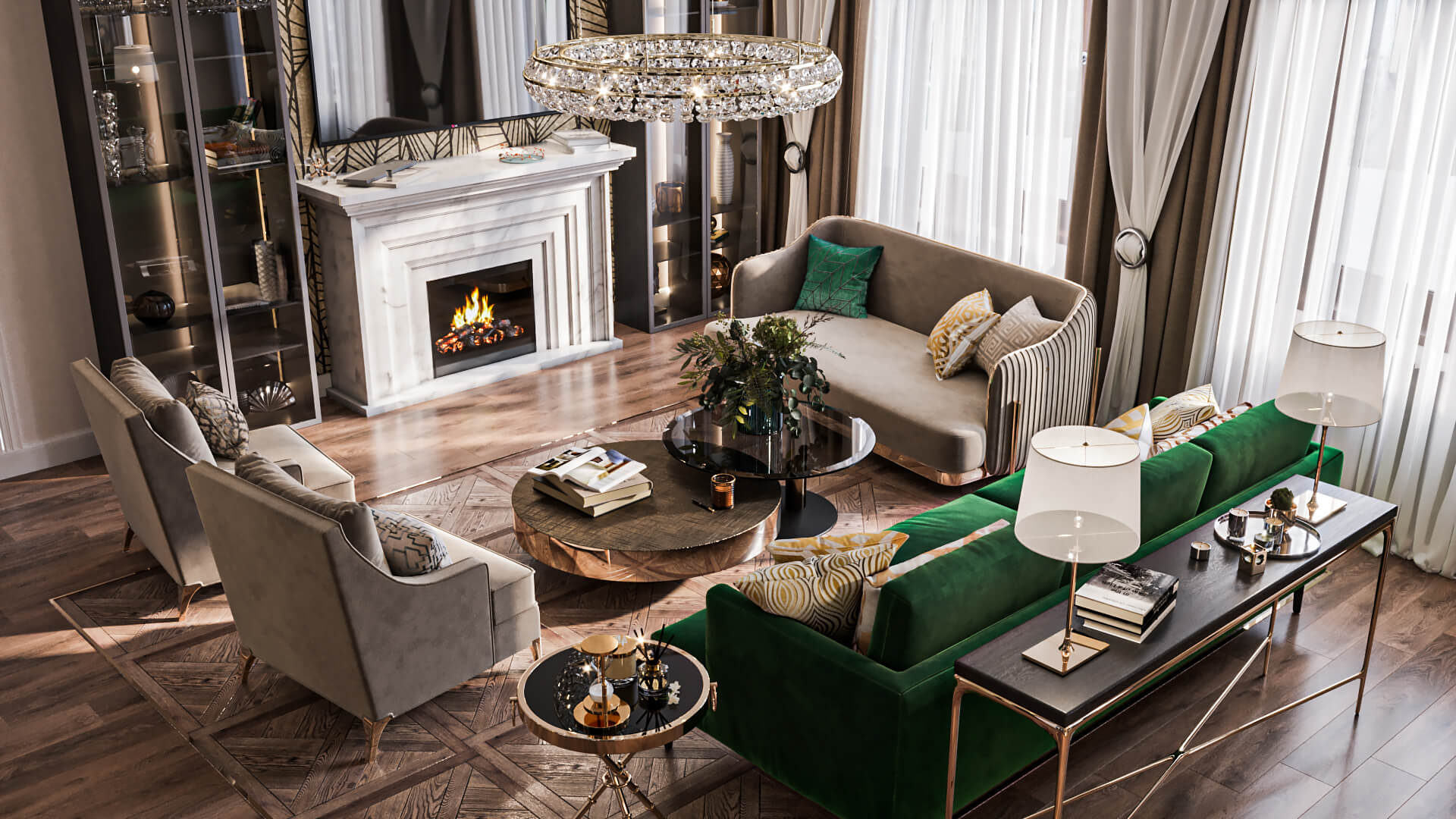 Luxury living room rendering with marble fireplace, green sofa, and chandelier