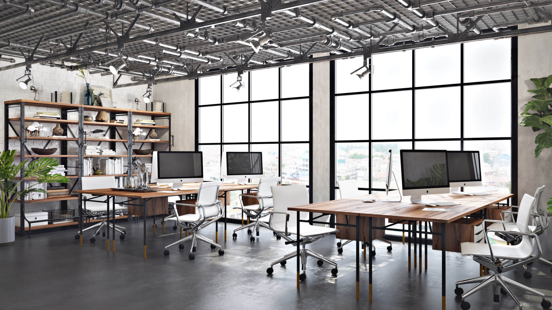 Office concept rendering with desks, bookshelves, and large industrial windows