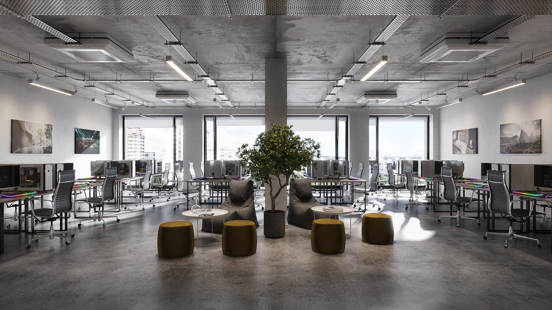 3D office rendering of an open workspace with desks and concrete ceiling