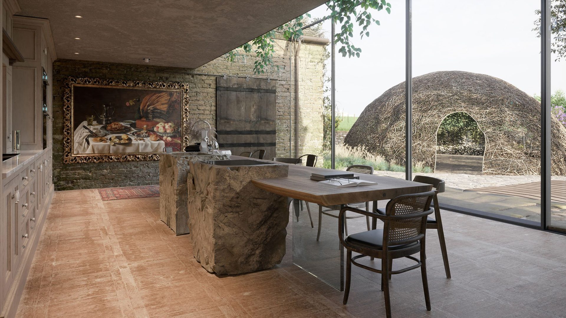 Luxury kitchen rendering with marble island and panoramic windows