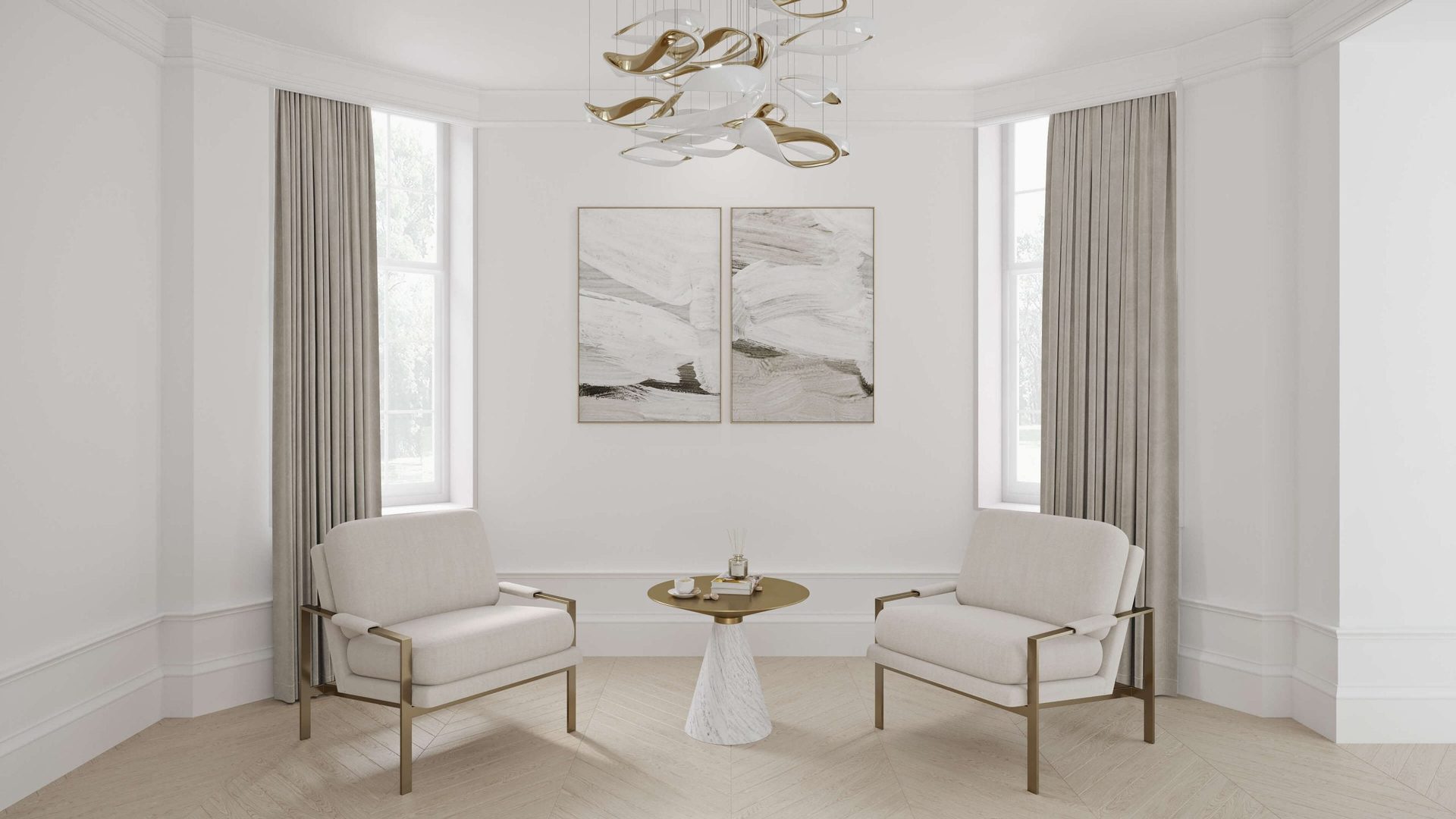 Minimal reading zone rendering with two chairs, small table, and wall art