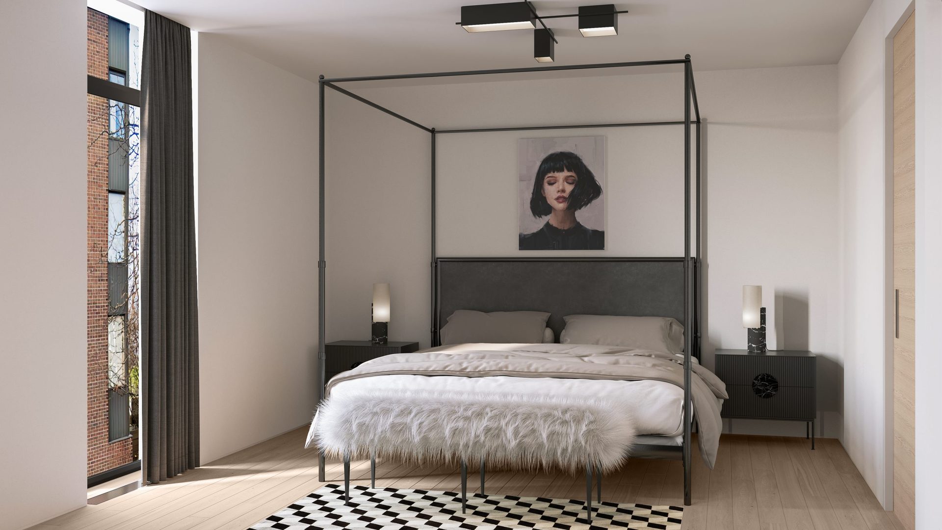 Townhouse bedroom rendering with neutral decor and portrait above the bed