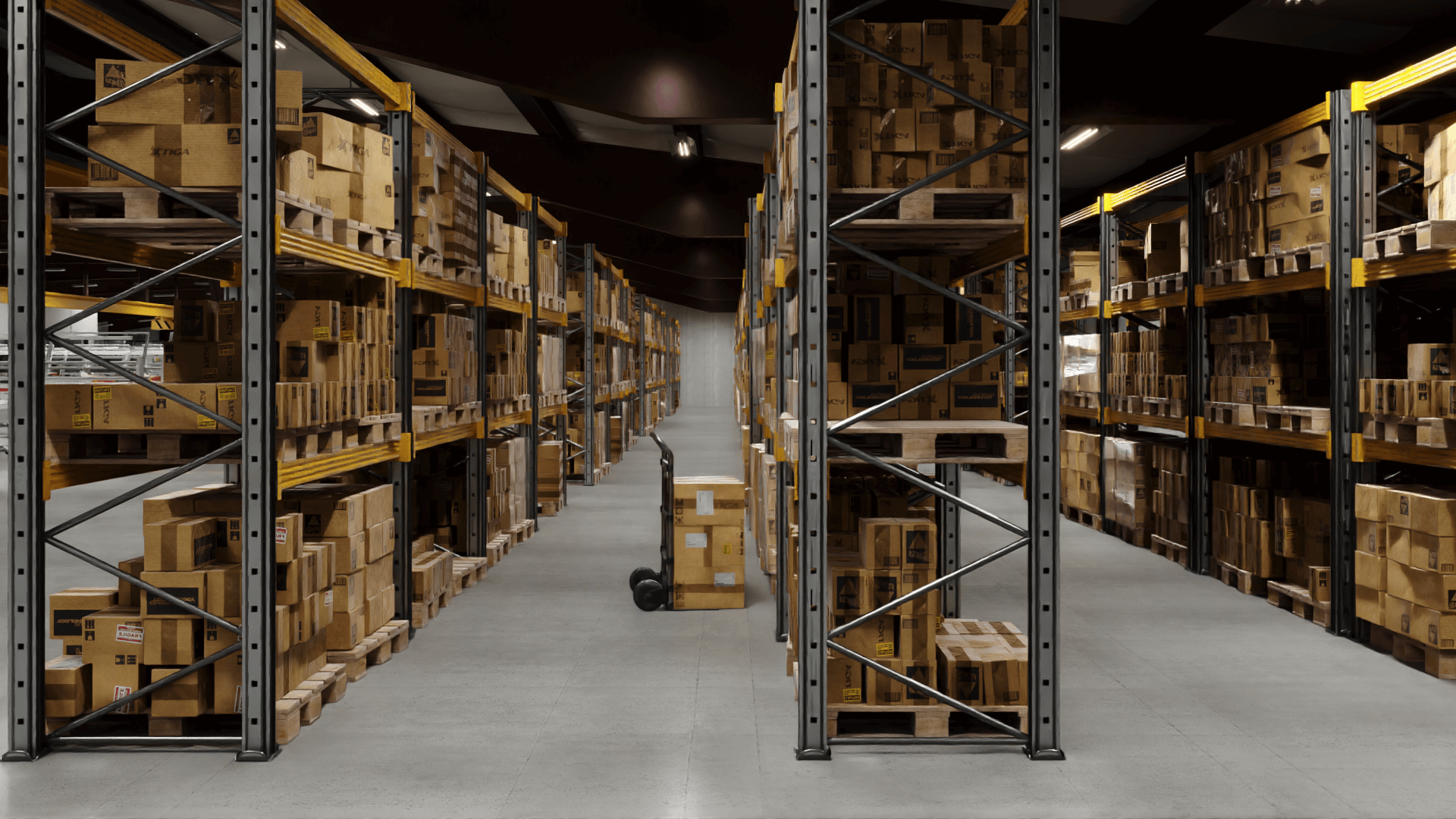 Warehouse interior rendering with tall storage racks and central aisle