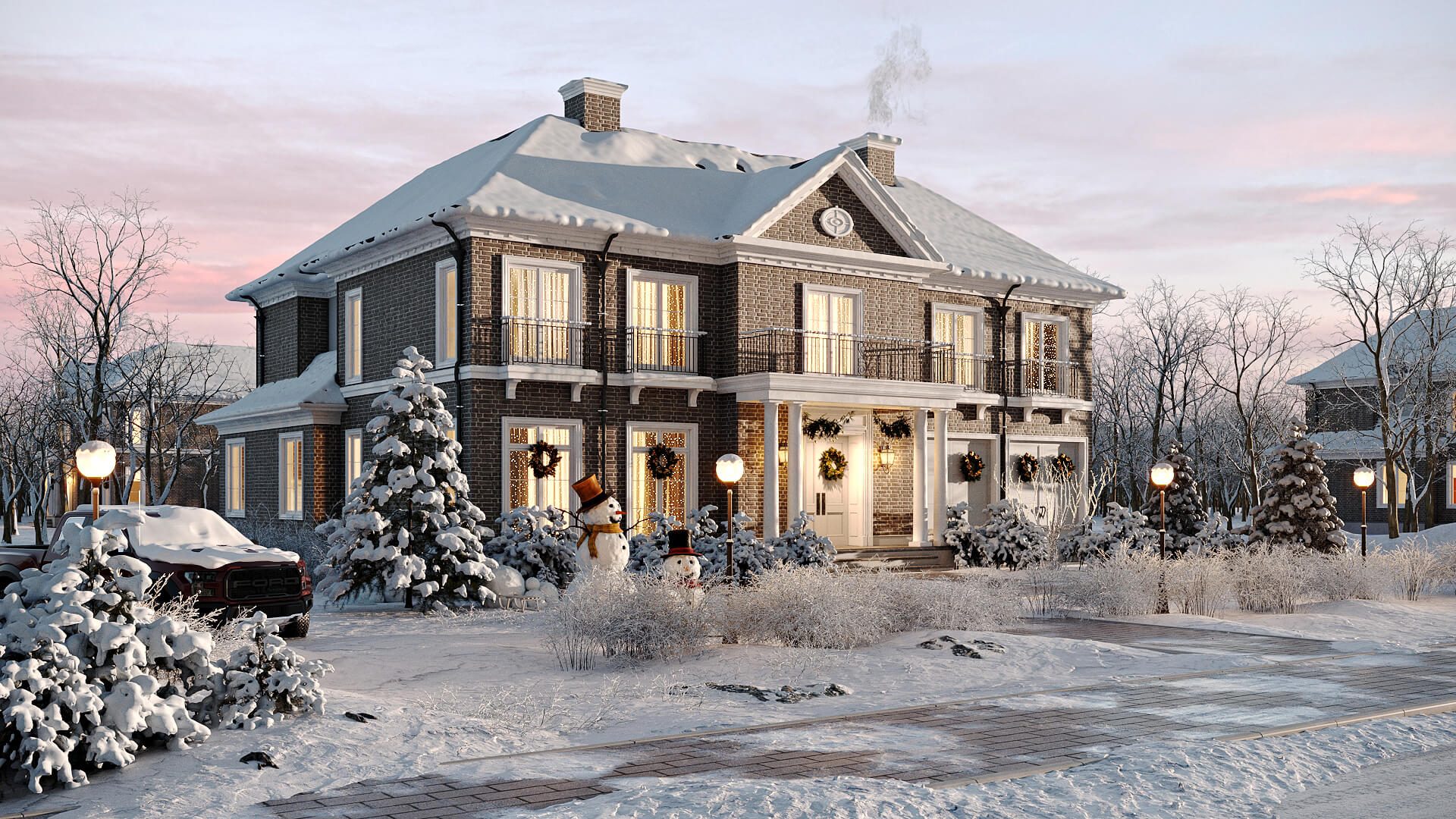 Winter residence rendering with snowy landscape and warm exterior lighting