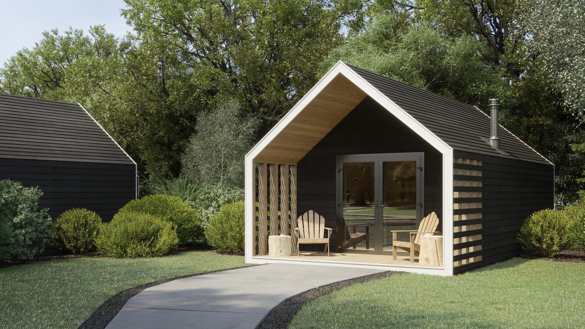 3D rendering of a small gable-roof house in a green garden