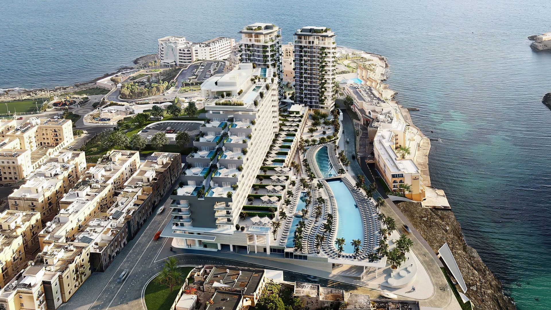 Aerial rendering of a coastal hotel complex with pools and sea views