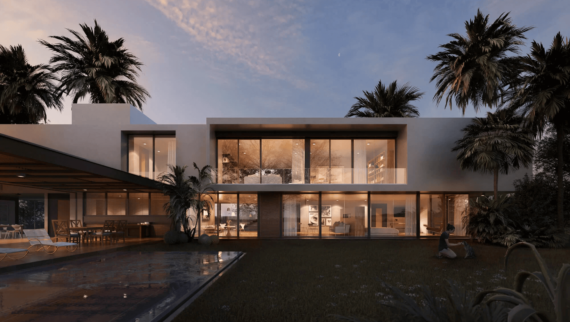 3D design visualization — evening pool California CGI