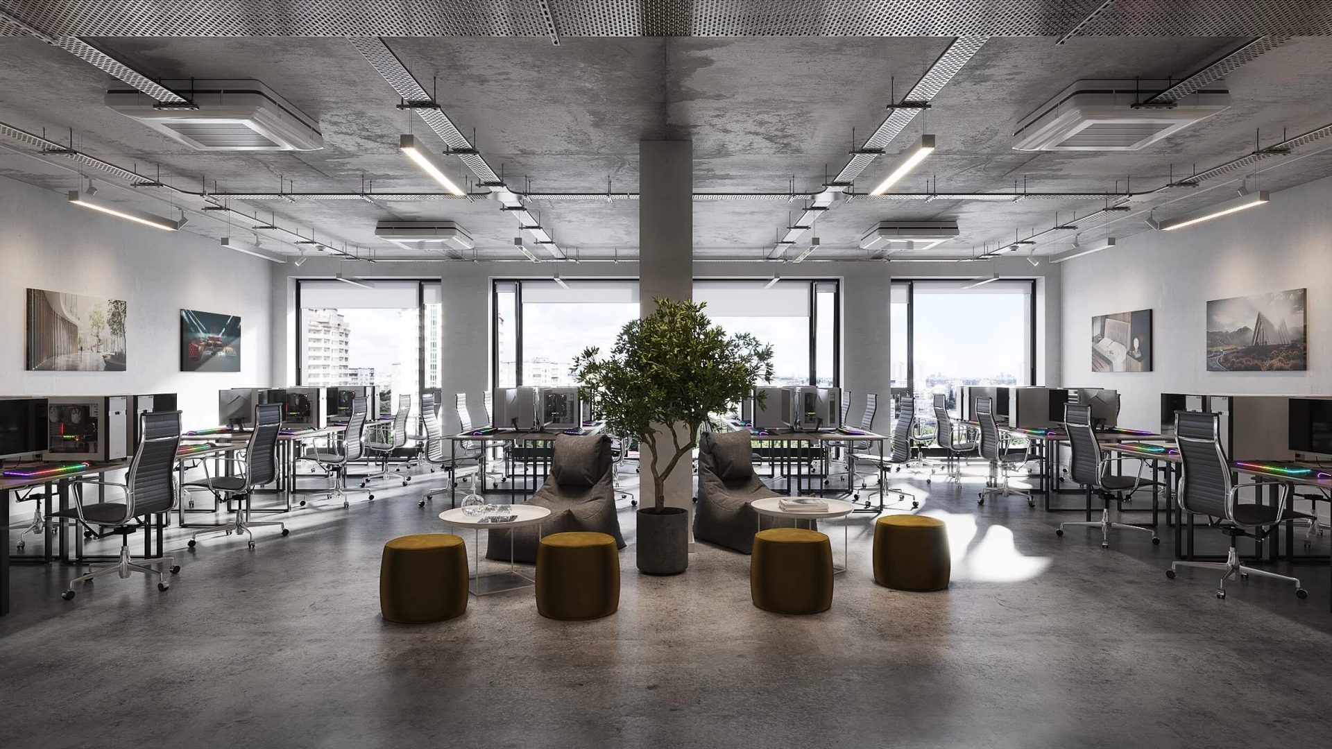 Vast office space 3D visualization showing the interior layout and furniture