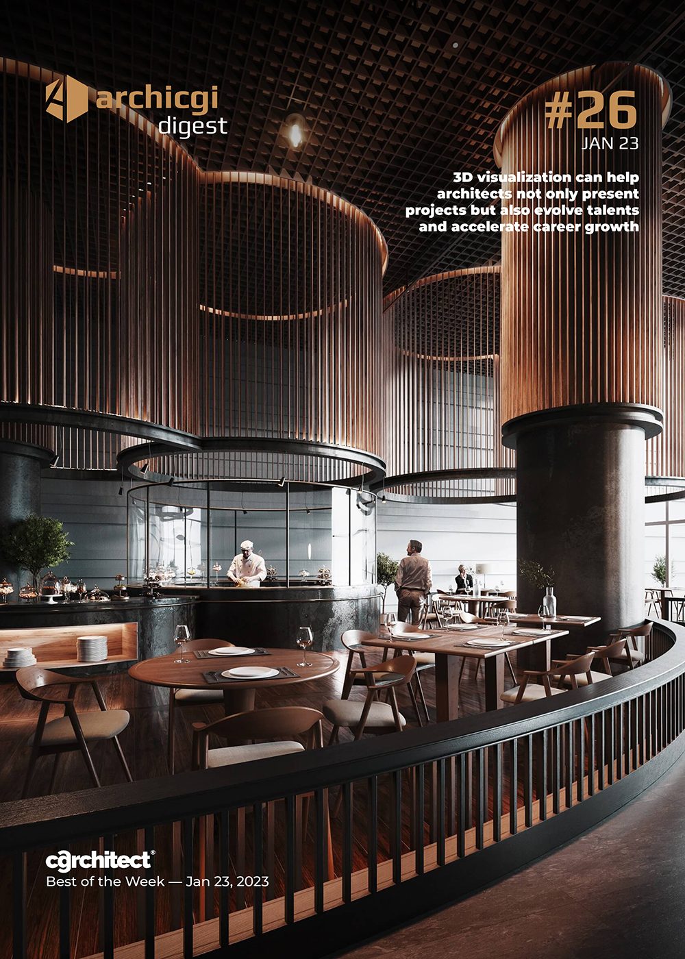 ArchiCGI Digest #26 cover with dark luxury hotel kitchen interior 3D rendering