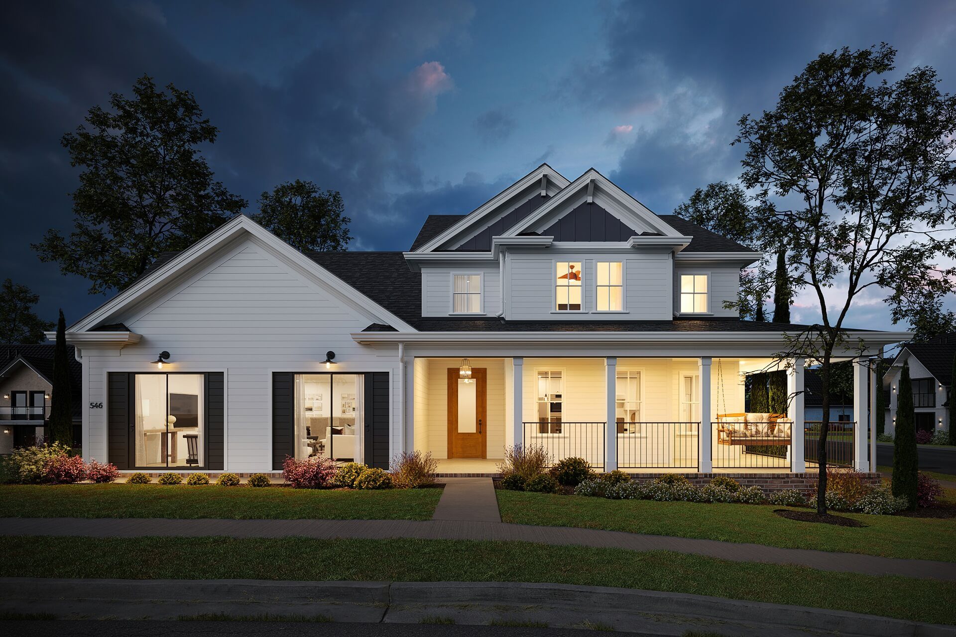 3D home rendering — night exterior lighting