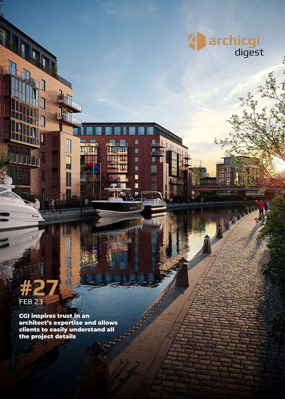 ArchiCGI Digest cover with urban waterfront apartment building 3D rendering