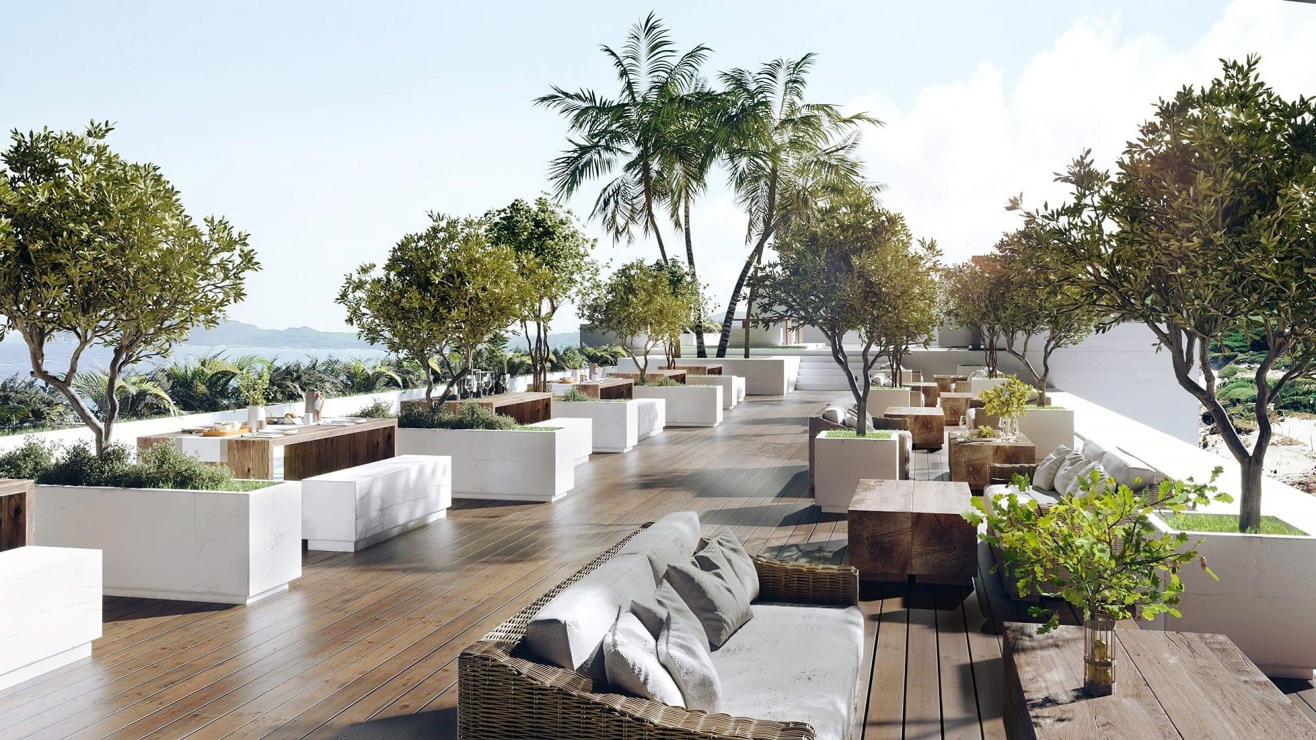 Commercial 3D rendering — hotel rooftop terrace CGI
