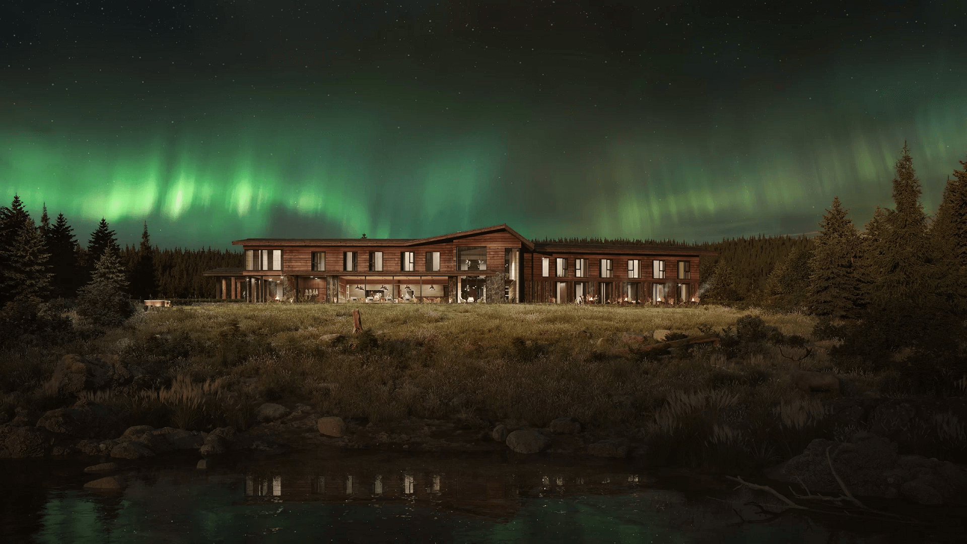 Commercial rendering — lodge in Norway with Northern Lights CGI