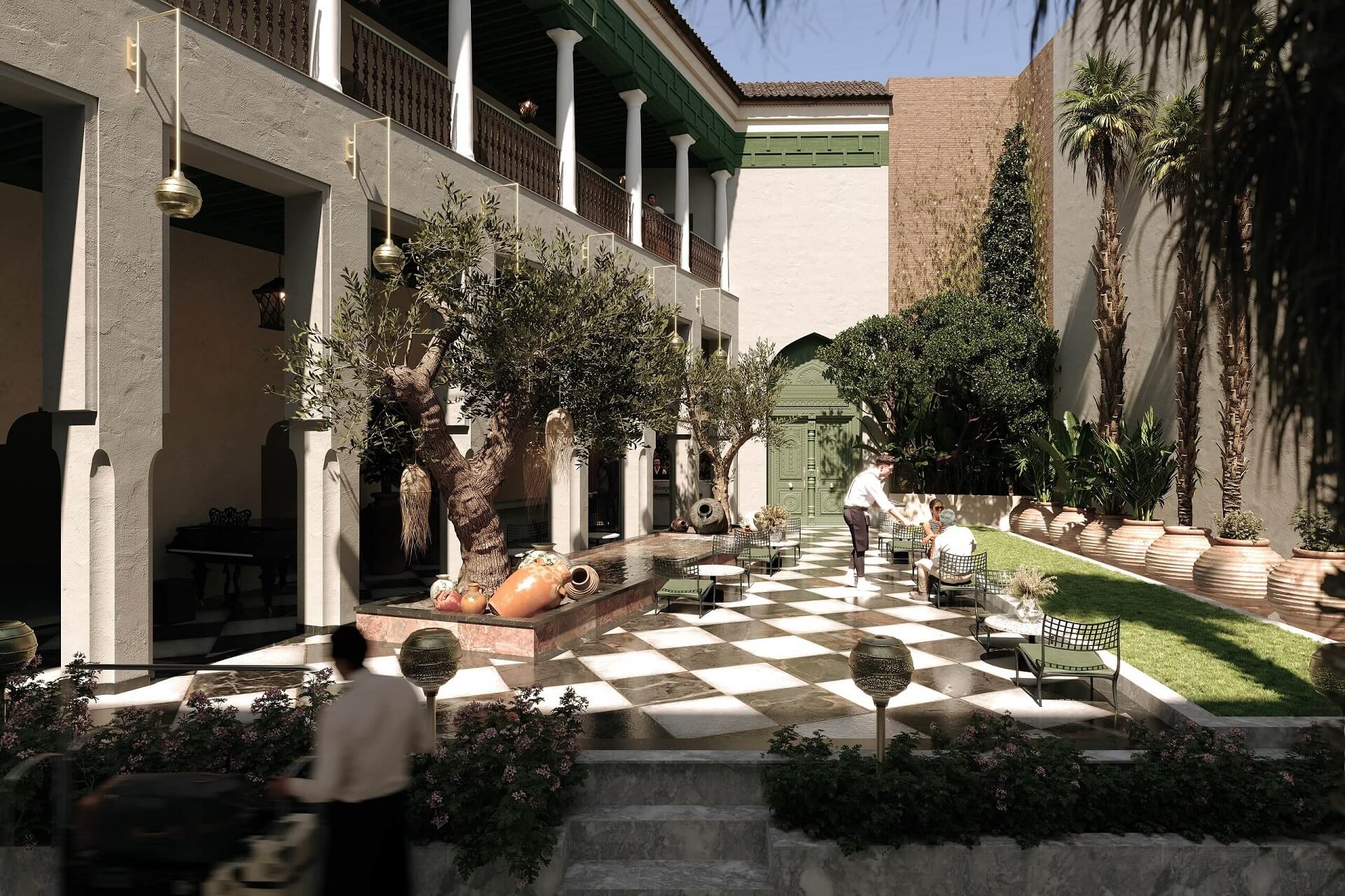 Commercial rendering — hotel lobby with people scale CGI