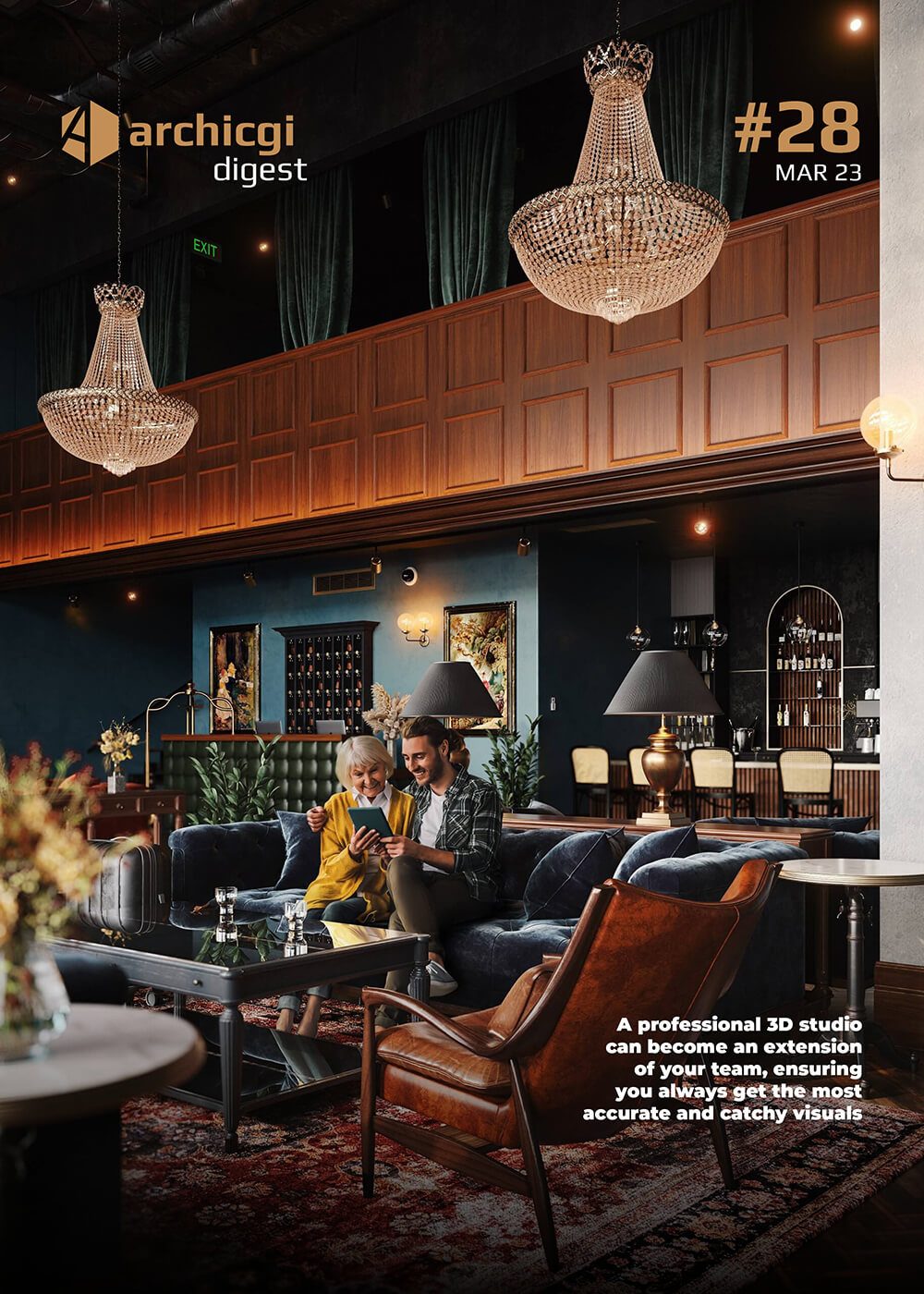 ArchiCGI Digest #28 cover with 3D rendering of a cozy hotel lobby interior