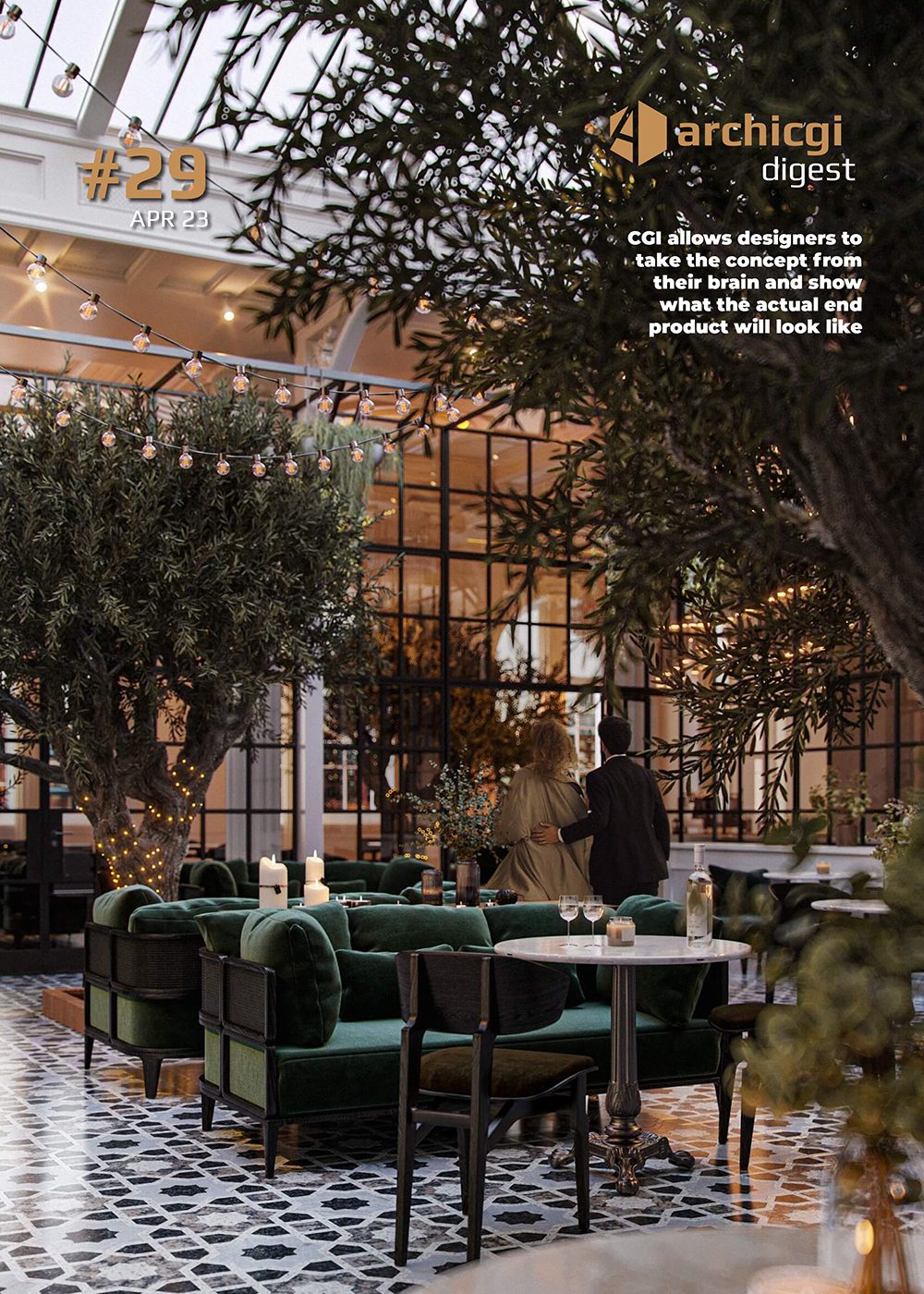 ArchiCGI Digest #29 cover with 3D rendering of a garden restaurant terrace