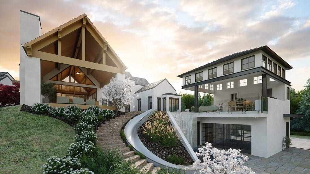 Exterior rendering angle of a modern house with sloped roof and curved stairs