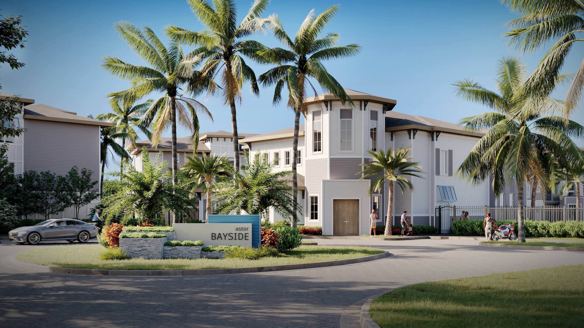3D exterior visualization of a white clubhouse with palm trees and driveway