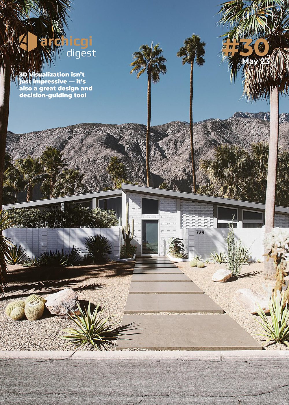 ArchiCGI Digest #30 cover with 3D rendering of a desert villa
