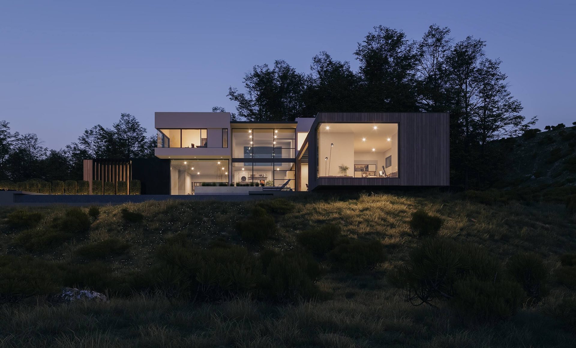 Nighttime 3D Render of a Modern Residence