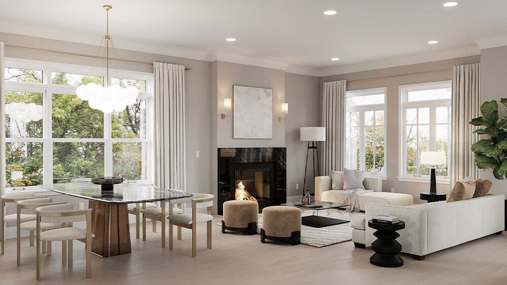 3D real estate rendering of a bright Chicago living room interior