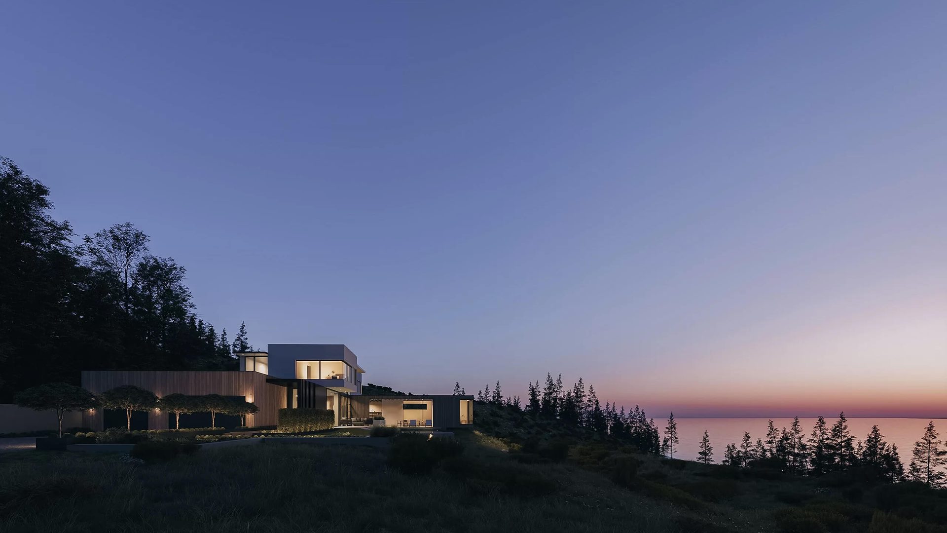 Twilight 3D rendering of a modern house set among trees
