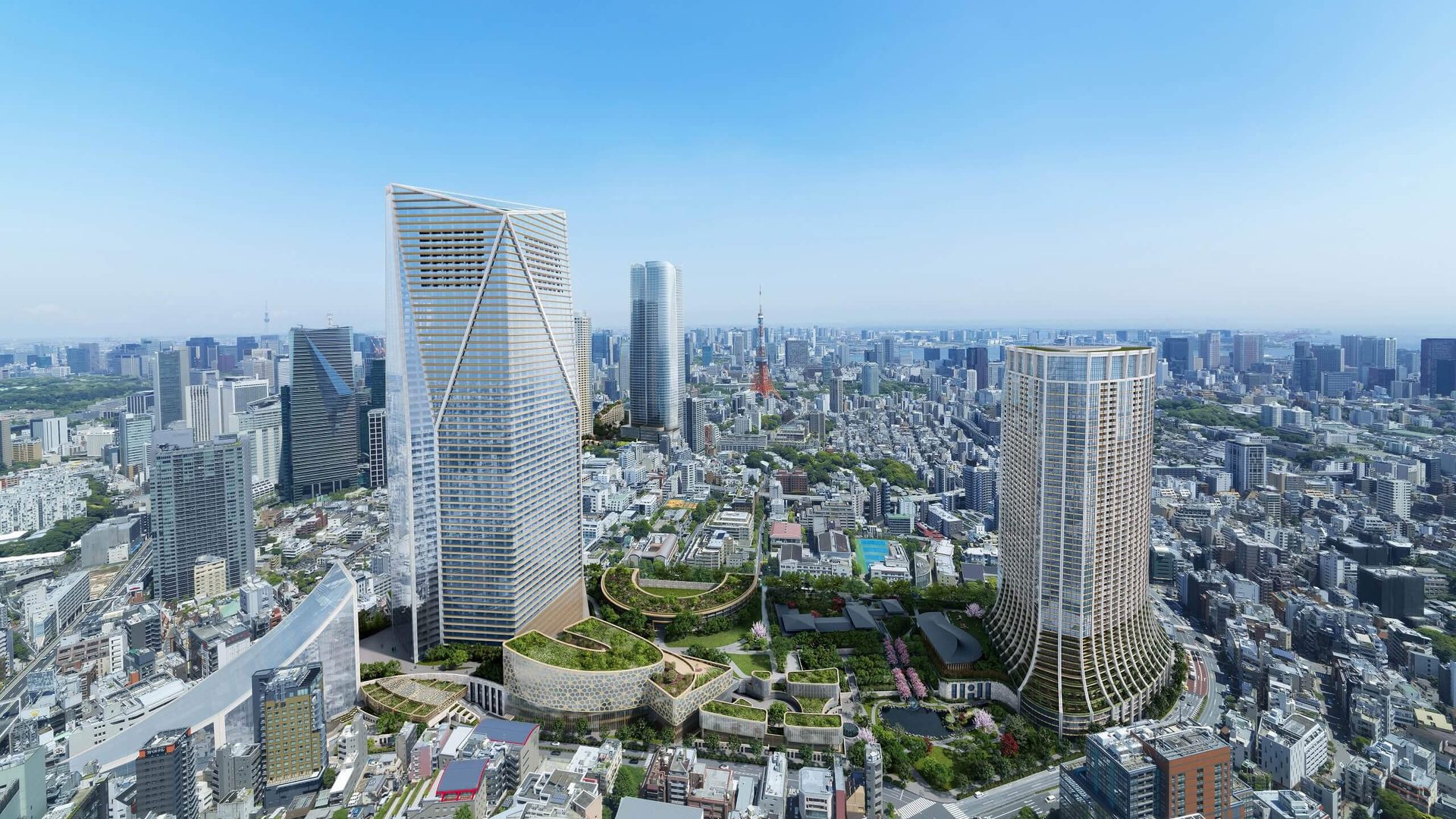 Aerial 3D rendering of modern urban towers and landscaped plaza