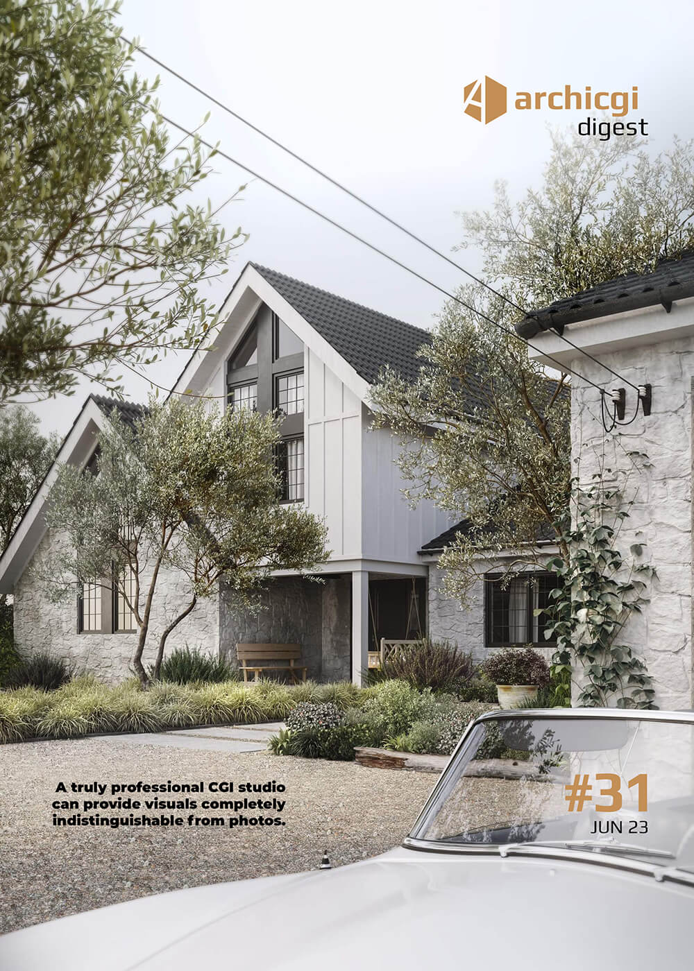 ArchiCGI Digest #31 cover with 3D rendering of a modern gable house exterior