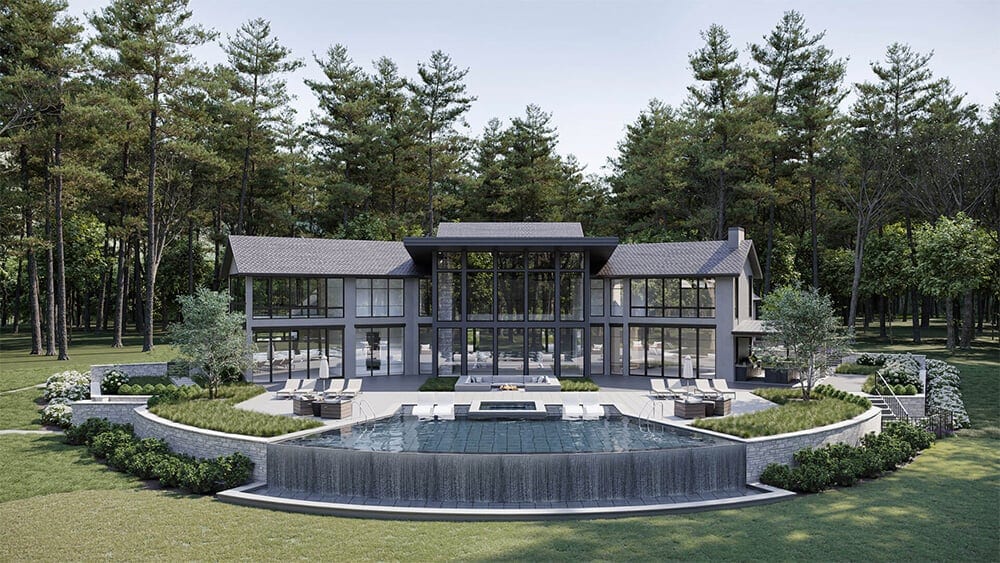 Exterior 3D rendering of a modern villa with pool in a wooded setting