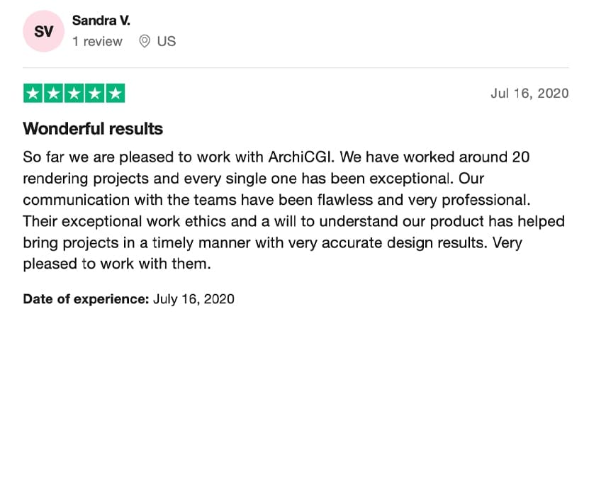 Trustpilot review praising ArchiCGI's responsiveness and accurate CGI results