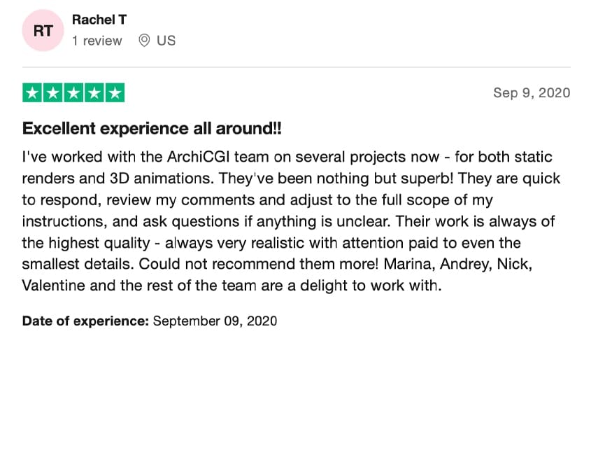 Trustpilot review praising ArchiCGI's experience with 3D house renderings