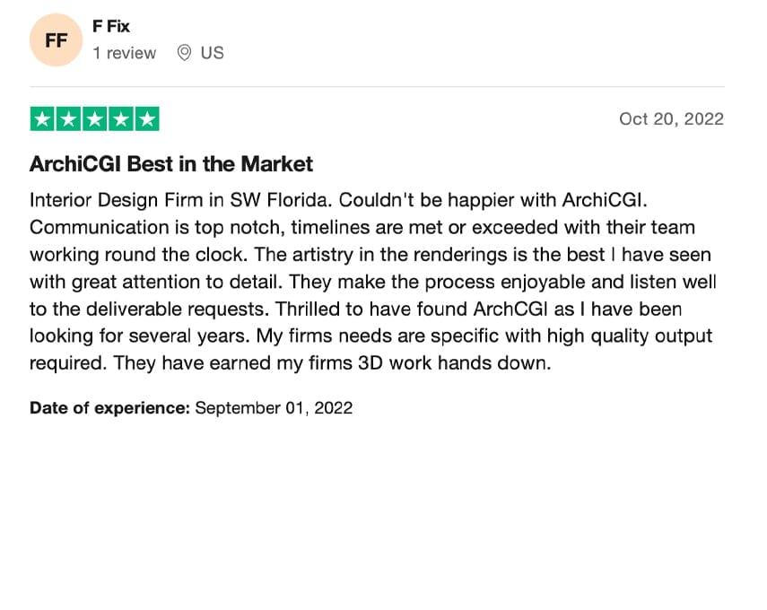 Trustpilot review praising ArchiCGI's interior rendering process