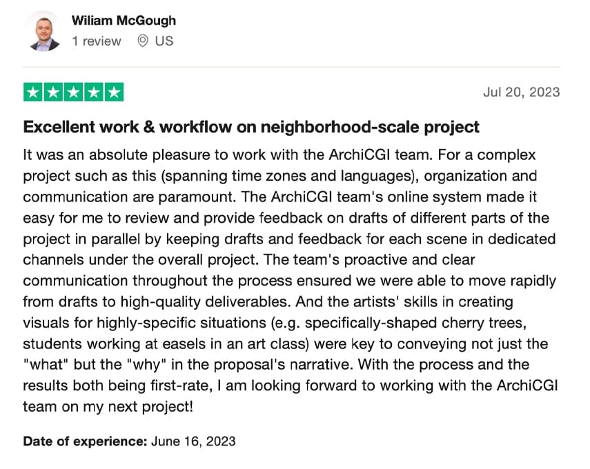 Trustpilot review praising ArchiCGI's neighborhood-scale project visualizations