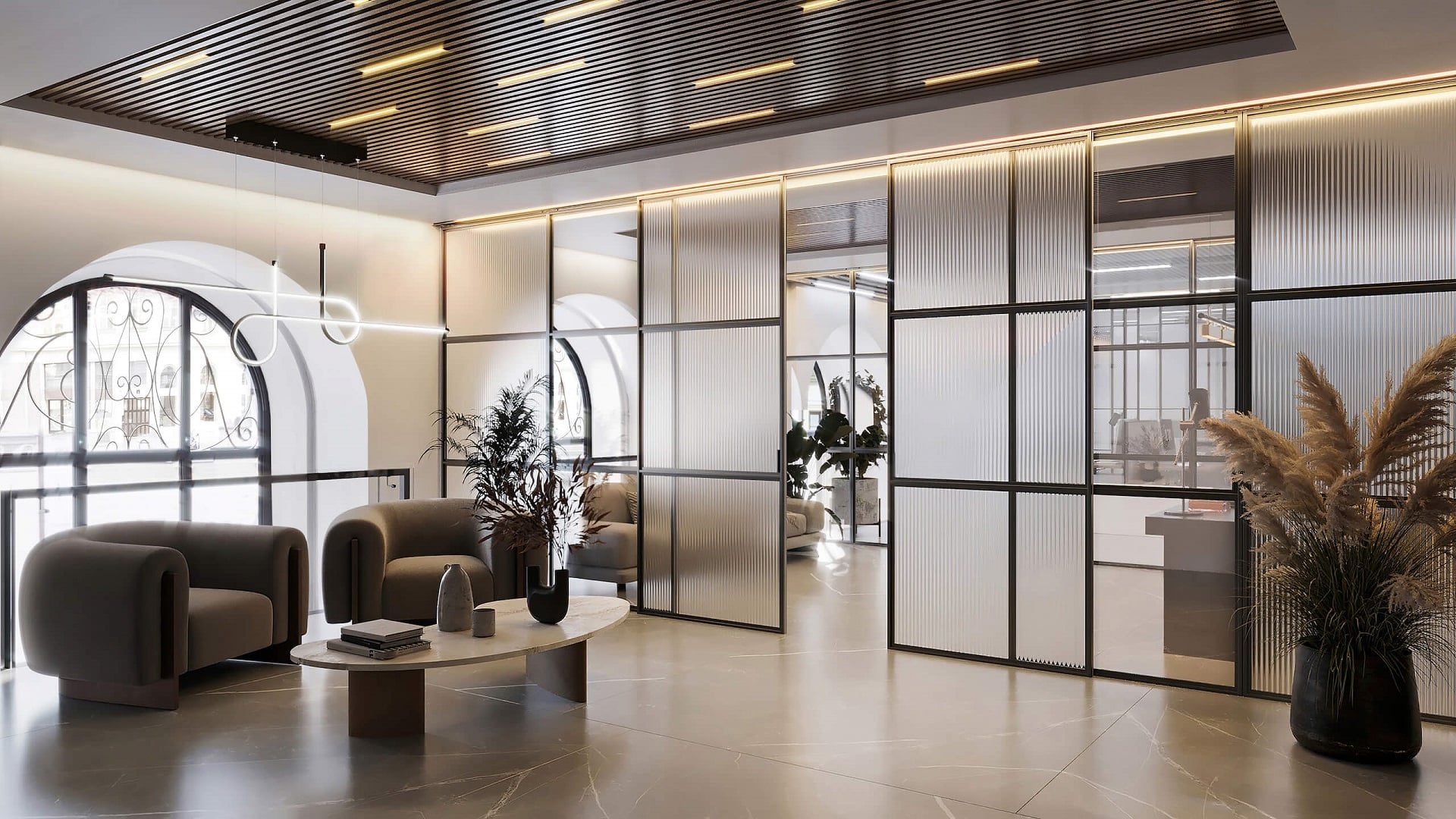 3D render — office lobby photorealistic CGI