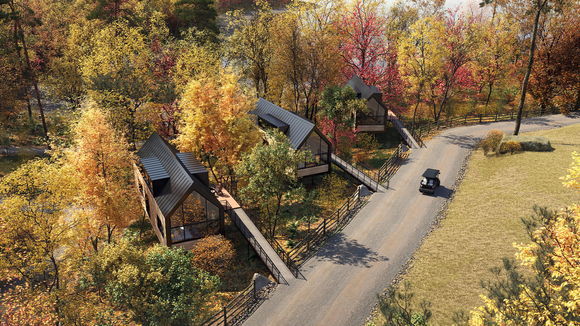 Aerial hospitality rendering of cabins in an autumn forest