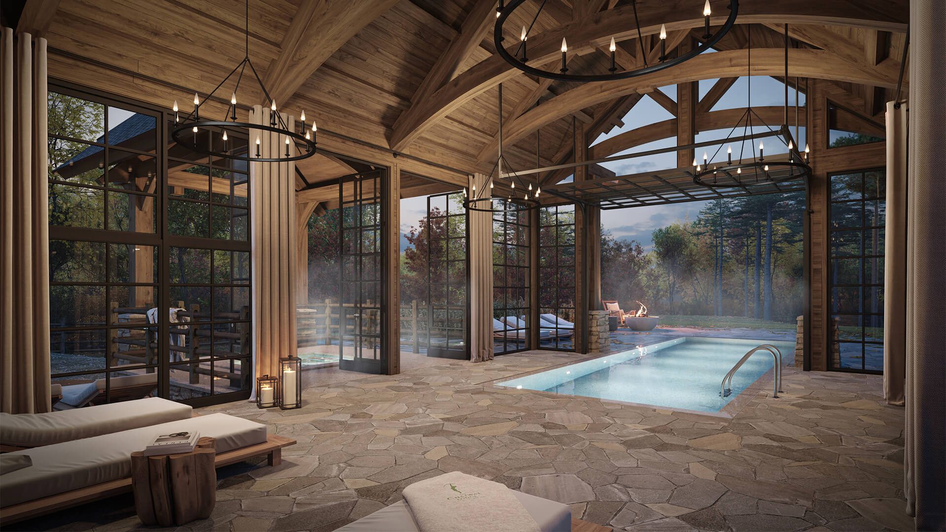 Hospitality rendering of an indoor pool area with timber beams and glass walls