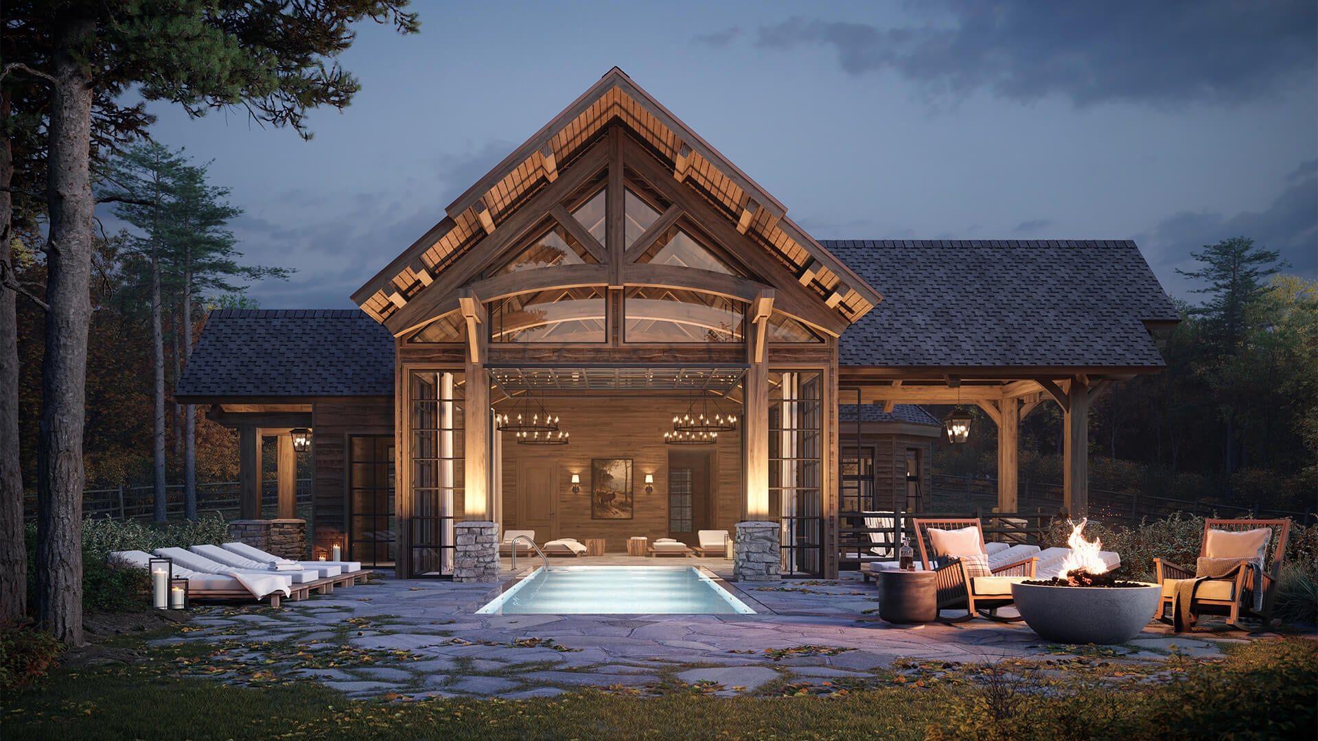 Exterior hospitality rendering of a warmly lit lodge with pool at dusk