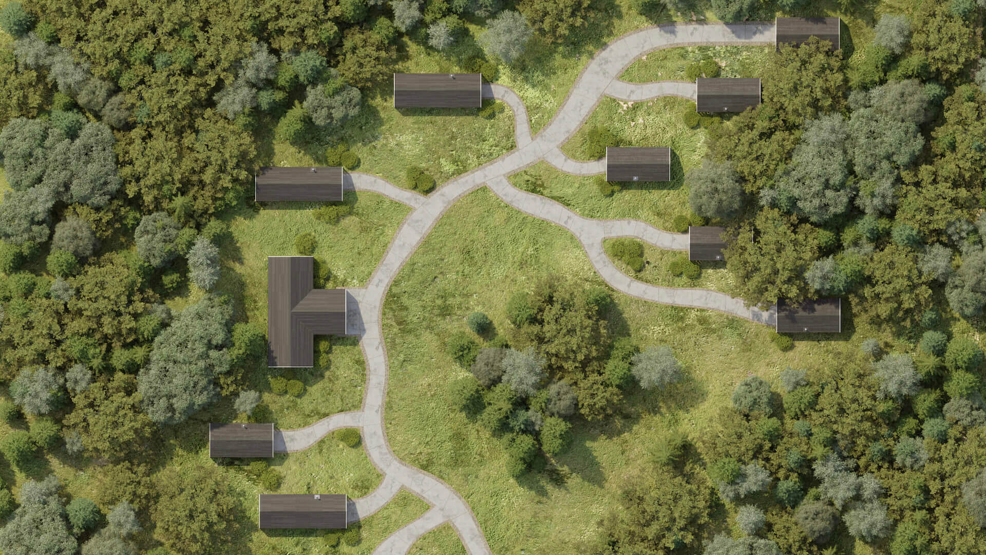 Aerial hospitality site rendering with cabins connected by winding paths