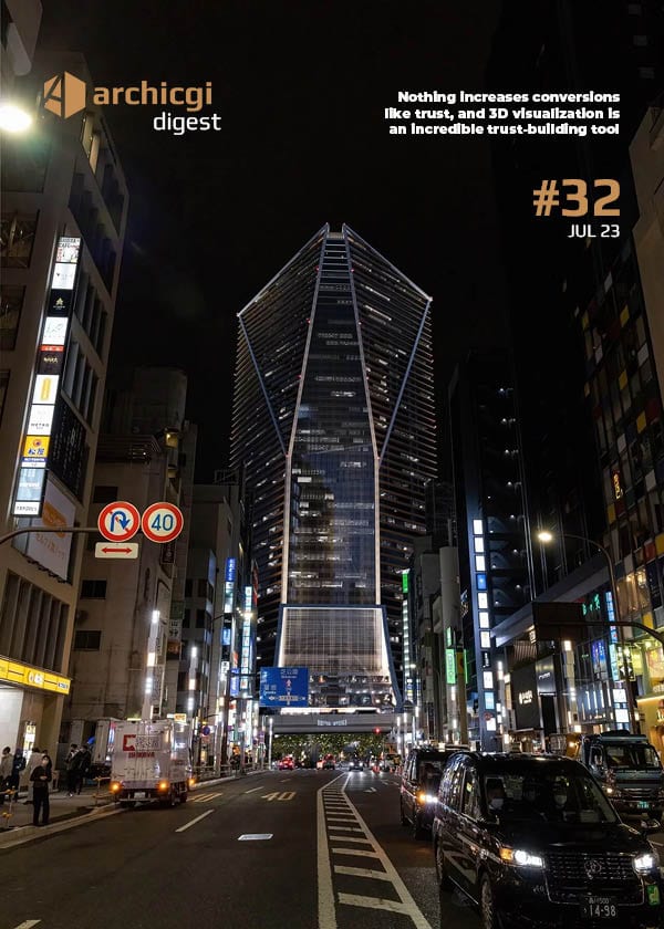 ArchiCGI Digest #32 cover with nighttime 3D rendering of a high-rise building