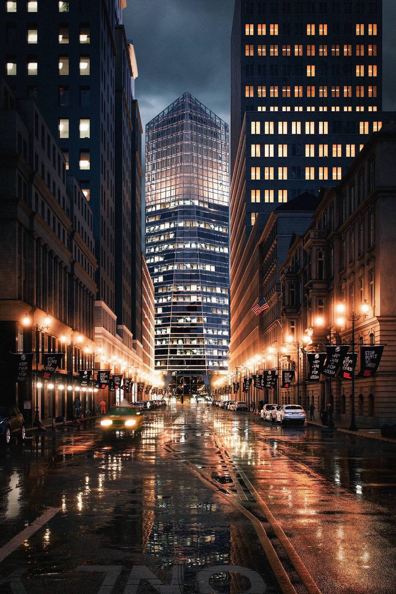Night city render with modern skyscraper