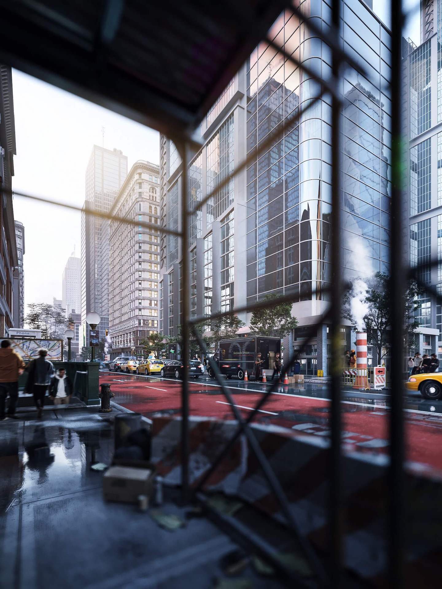 Hyperrealistic city render — first-person POV