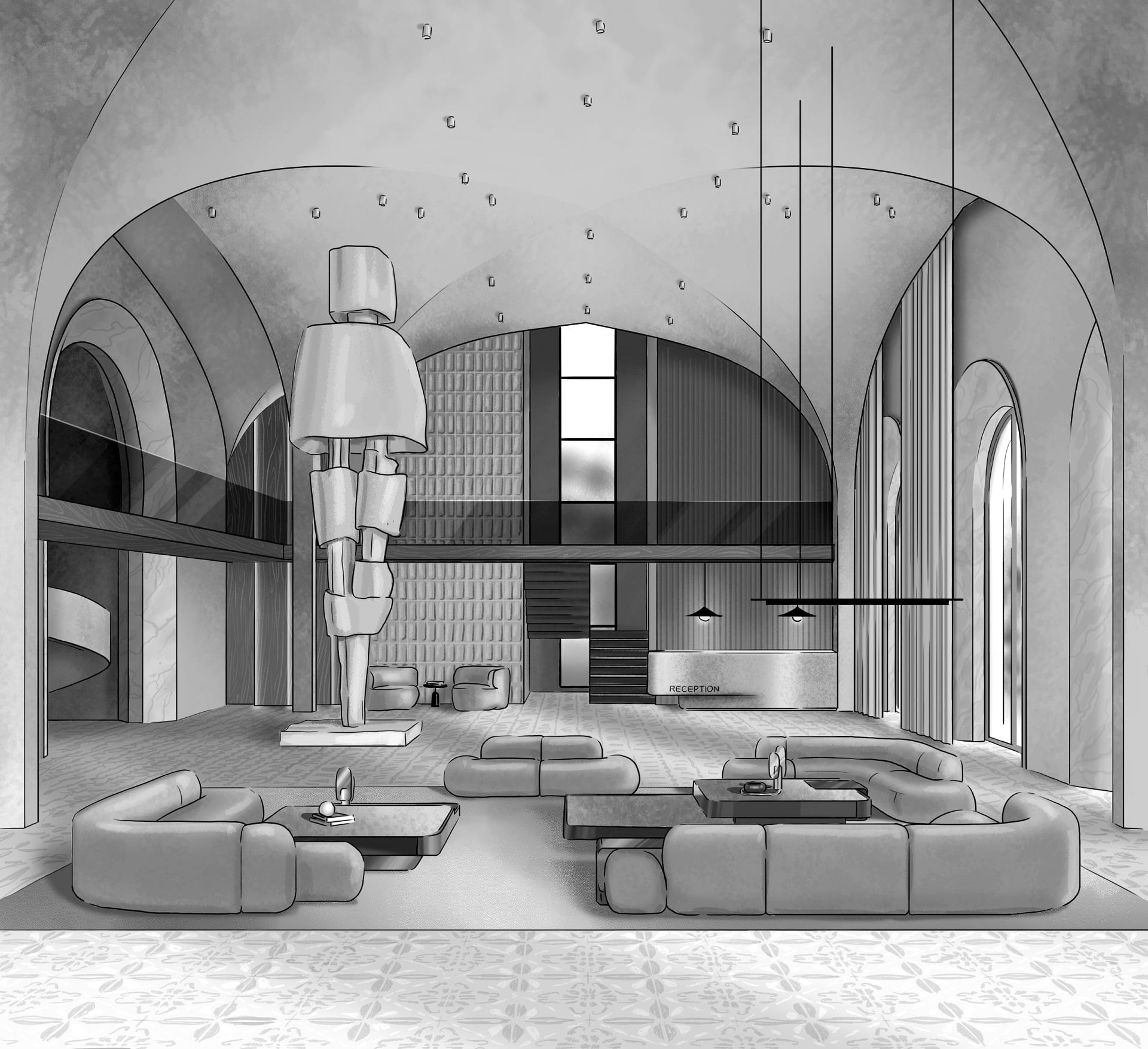 Hand-drawn sketch — hotel lobby interior design